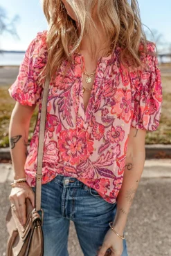 Hot Dear-Lover Floral Print Ruffled Puff Short Sleeve Blouse Red