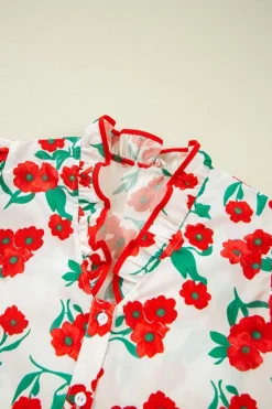 Fashion Dear-Lover Floral Print Ruffled Puff Sleeve Elegant Summer Shirt Red