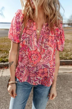 Hot Dear-Lover Floral Print Ruffled Puff Short Sleeve Blouse Red