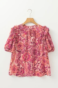 Hot Dear-Lover Floral Print Ruffled Puff Short Sleeve Blouse Red