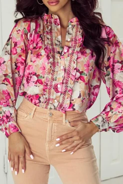 Sale Dear-Lover Floral Print Ruffled Stitch Buttoned Loose Fit Shirt Red