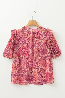 Hot Dear-Lover Floral Print Ruffled Puff Short Sleeve Blouse Red