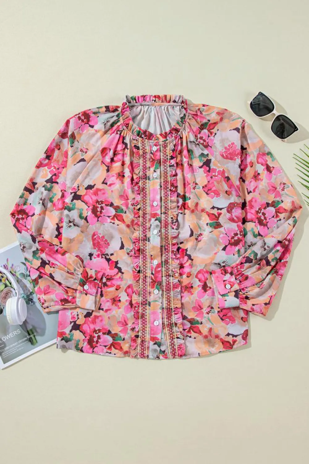 Sale Dear-Lover Floral Print Ruffled Stitch Buttoned Loose Fit Shirt Red
