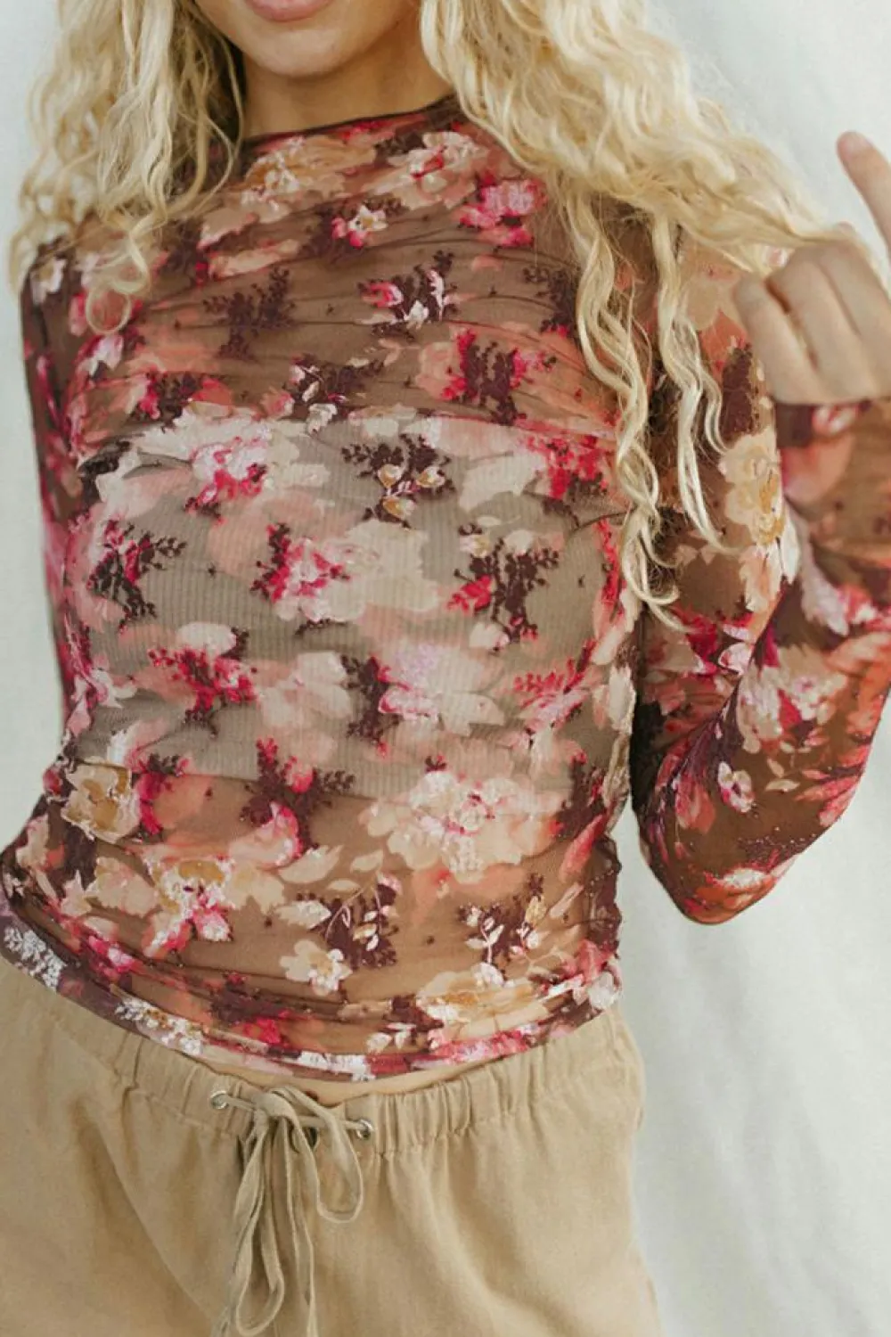 Sale Dear-Lover Floral Print Sheer Mesh Long Sleeve Top Red