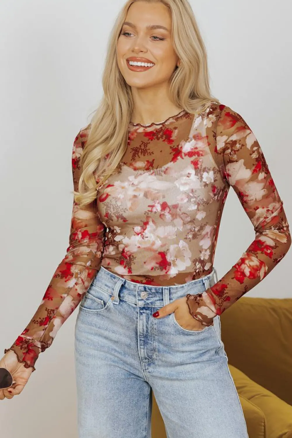 Sale Dear-Lover Floral Print Sheer Mesh Long Sleeve Top Red