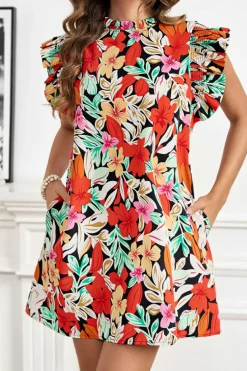 Sale Dear-Lover Floral Print Shir Flutter Sleeve Shift Mini Dress Red