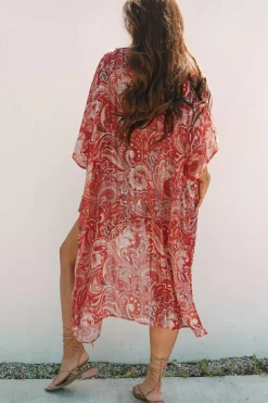 New Dear-Lover Floral Print Side Slit Open Front Long Kimono Red