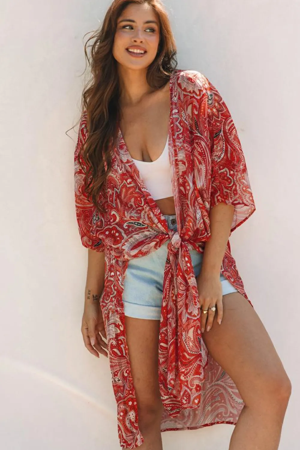 New Dear-Lover Floral Print Side Slit Open Front Long Kimono Red