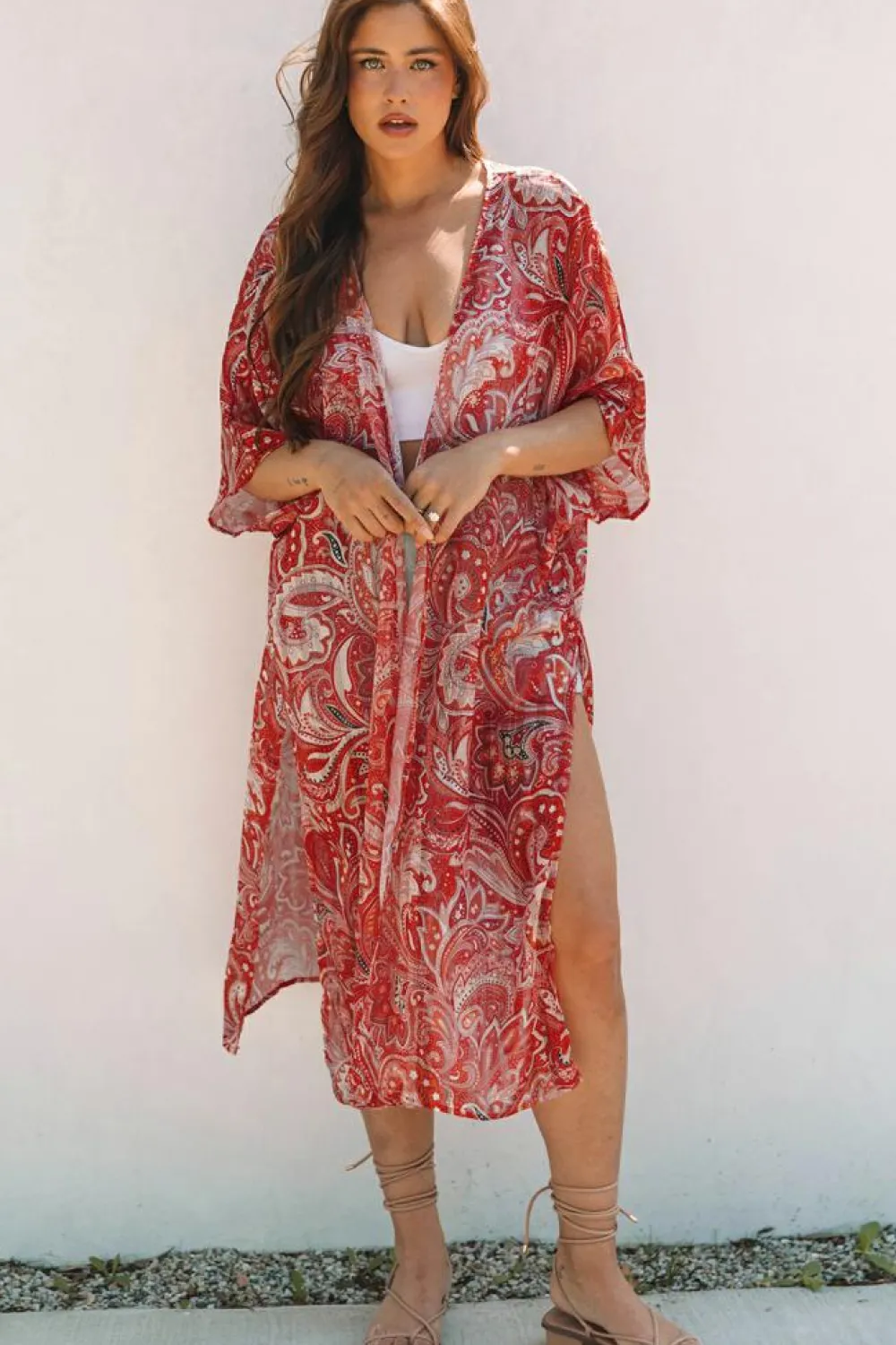 New Dear-Lover Floral Print Side Slit Open Front Long Kimono Red