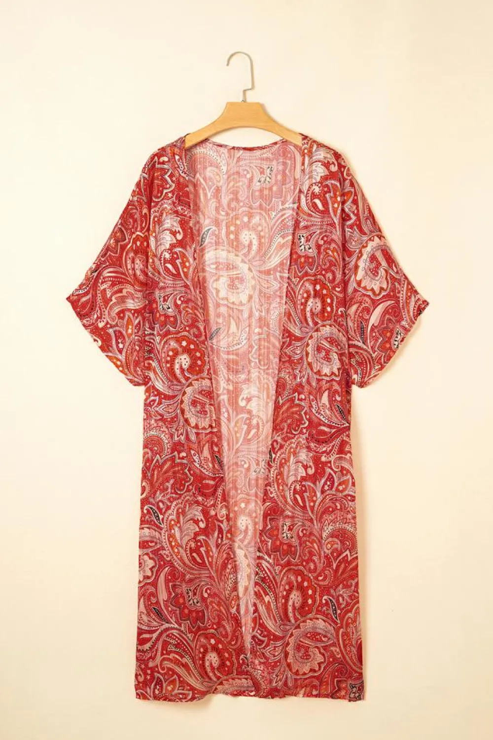 New Dear-Lover Floral Print Side Slit Open Front Long Kimono Red