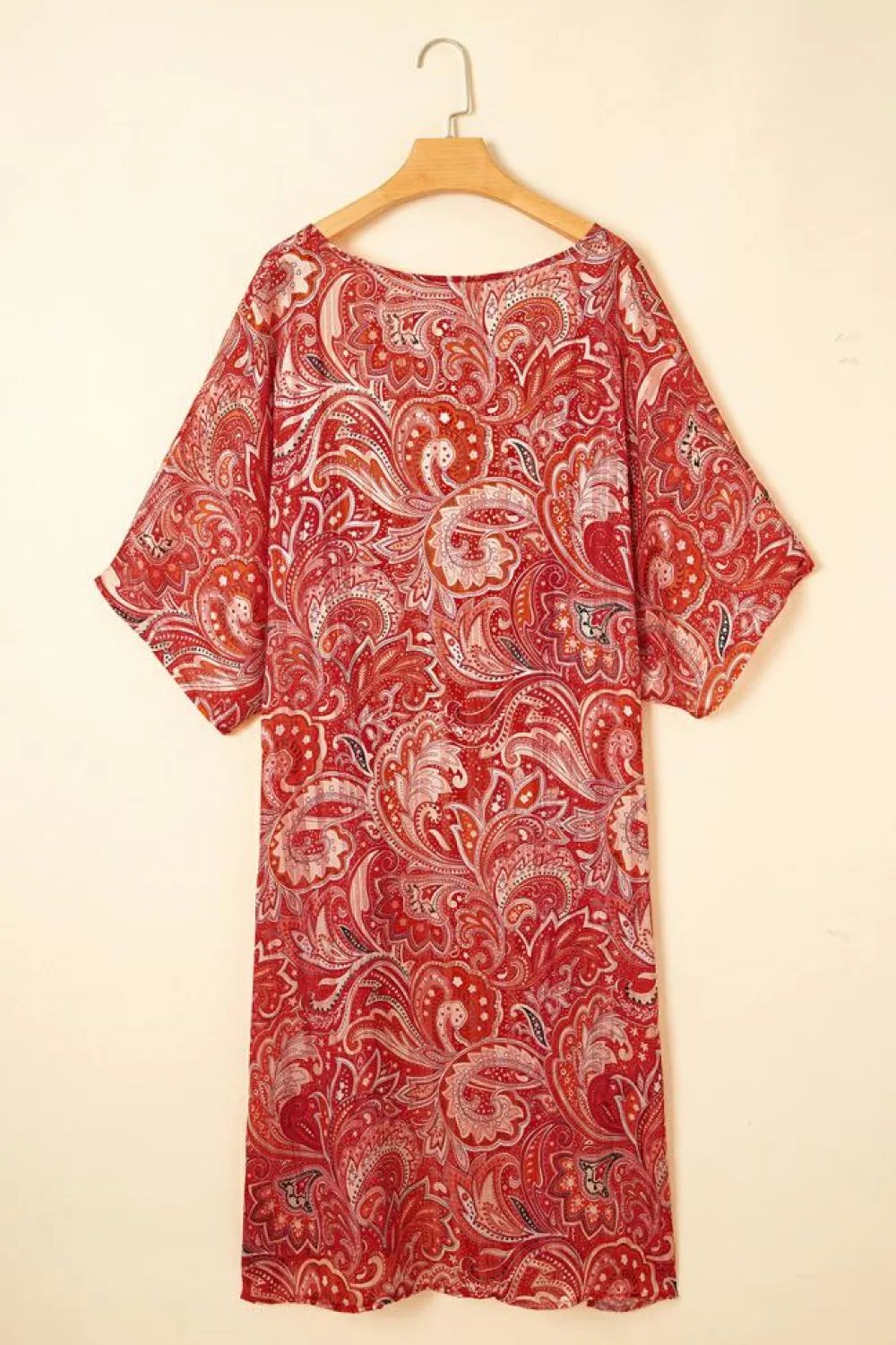 New Dear-Lover Floral Print Side Slit Open Front Long Kimono Red