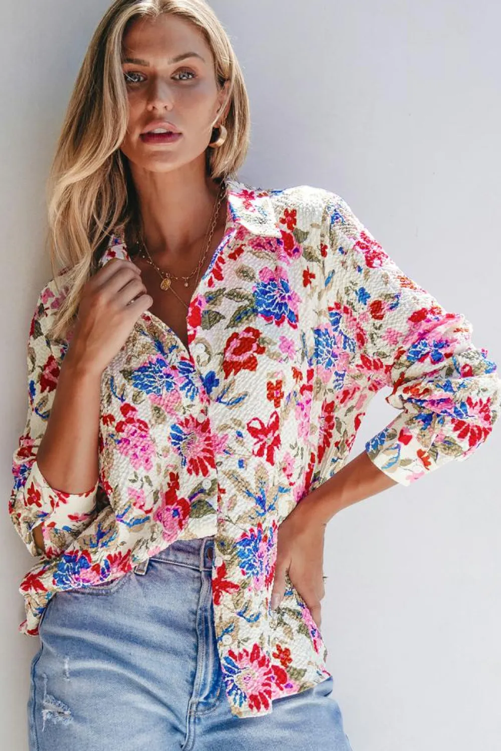 Hot Dear-Lover Floral Print Slim Fit Buttoned Turn Down Collar Shirt Red