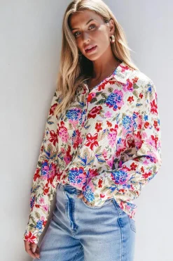 Hot Dear-Lover Floral Print Slim Fit Buttoned Turn Down Collar Shirt Red
