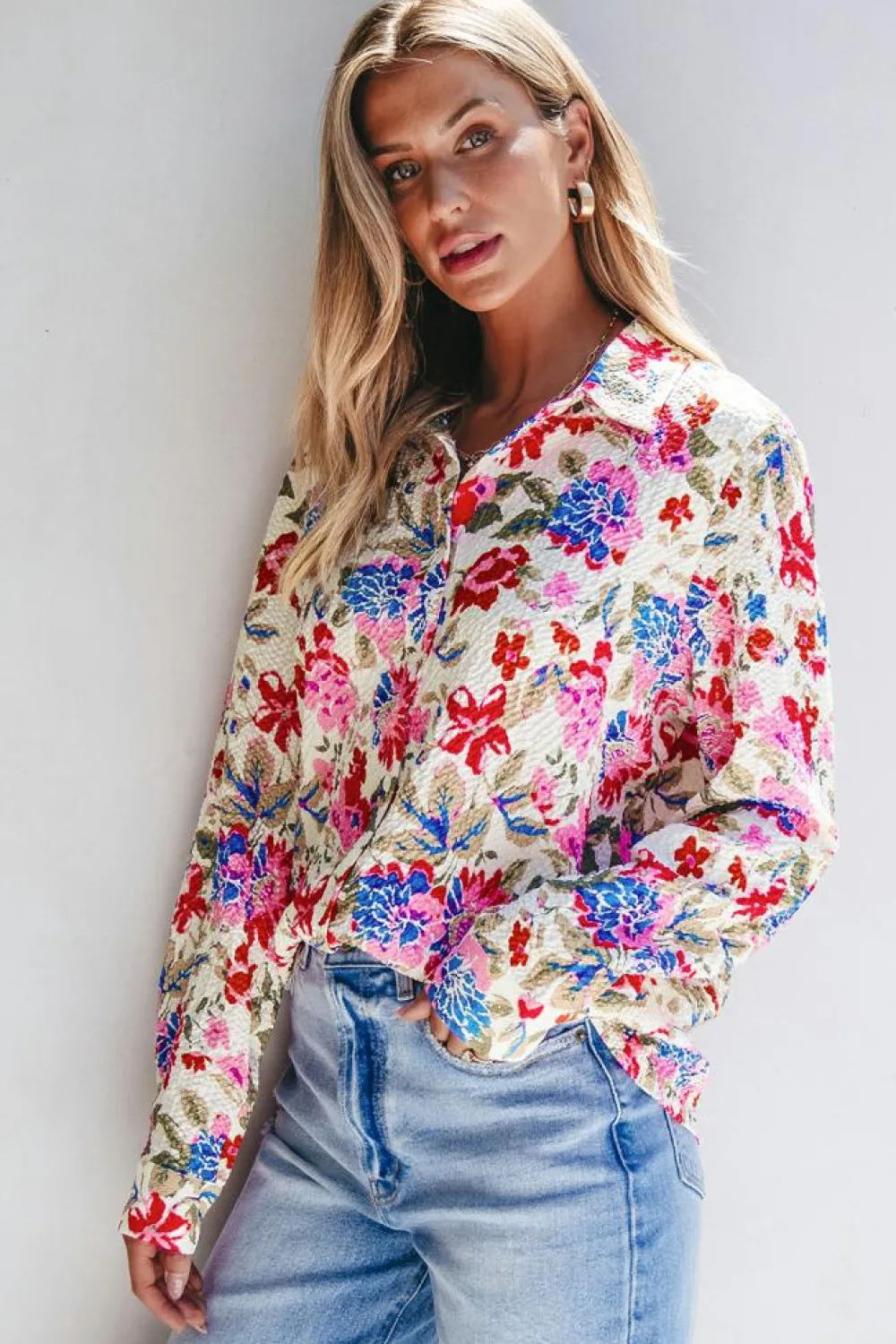 Hot Dear-Lover Floral Print Slim Fit Buttoned Turn Down Collar Shirt Red