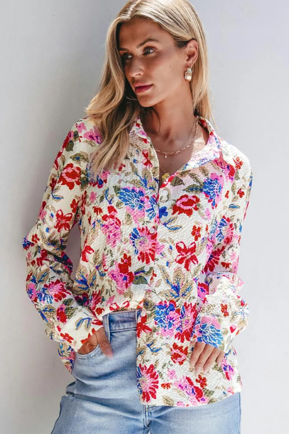 Hot Dear-Lover Floral Print Slim Fit Buttoned Turn Down Collar Shirt Red