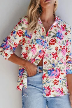 Hot Dear-Lover Floral Print Slim Fit Buttoned Turn Down Collar Shirt Red
