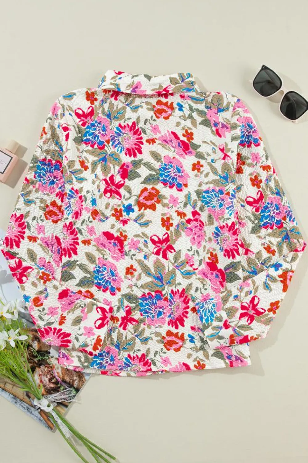 Hot Dear-Lover Floral Print Slim Fit Buttoned Turn Down Collar Shirt Red