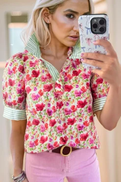 Outlet Dear-Lover Floral Print Striped Patchwork Colla Short Sleeve Blouse Red