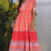 New Dear-Lover Floral Print Tasseled Tied Sleeve Empire Waist Maxi Dress Red