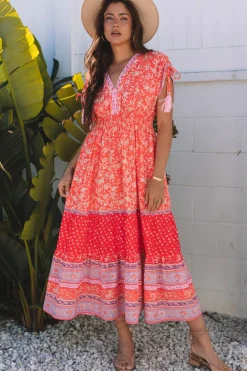 New Dear-Lover Floral Print Tasseled Tied Sleeve Empire Waist Maxi Dress Red