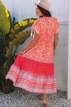 New Dear-Lover Floral Print Tasseled Tied Sleeve Empire Waist Maxi Dress Red