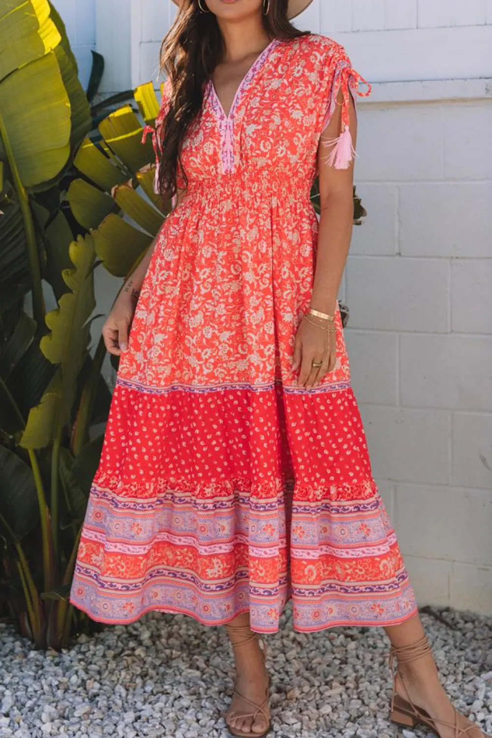 New Dear-Lover Floral Print Tasseled Tied Sleeve Empire Waist Maxi Dress Red