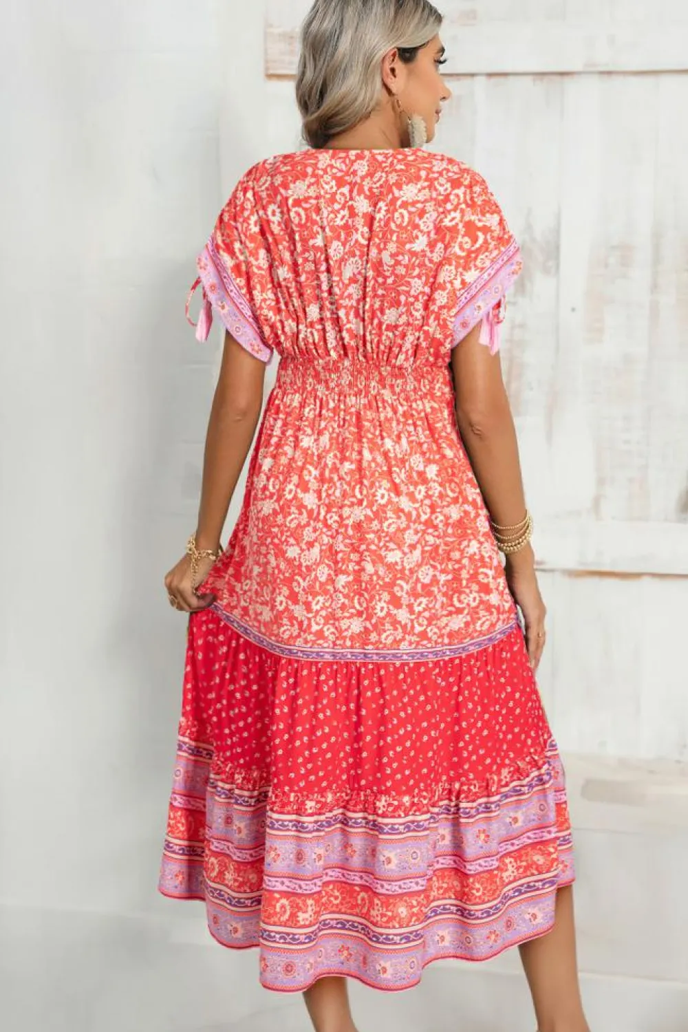 New Dear-Lover Floral Print Tasseled Tied Sleeve Empire Waist Maxi Dress Red