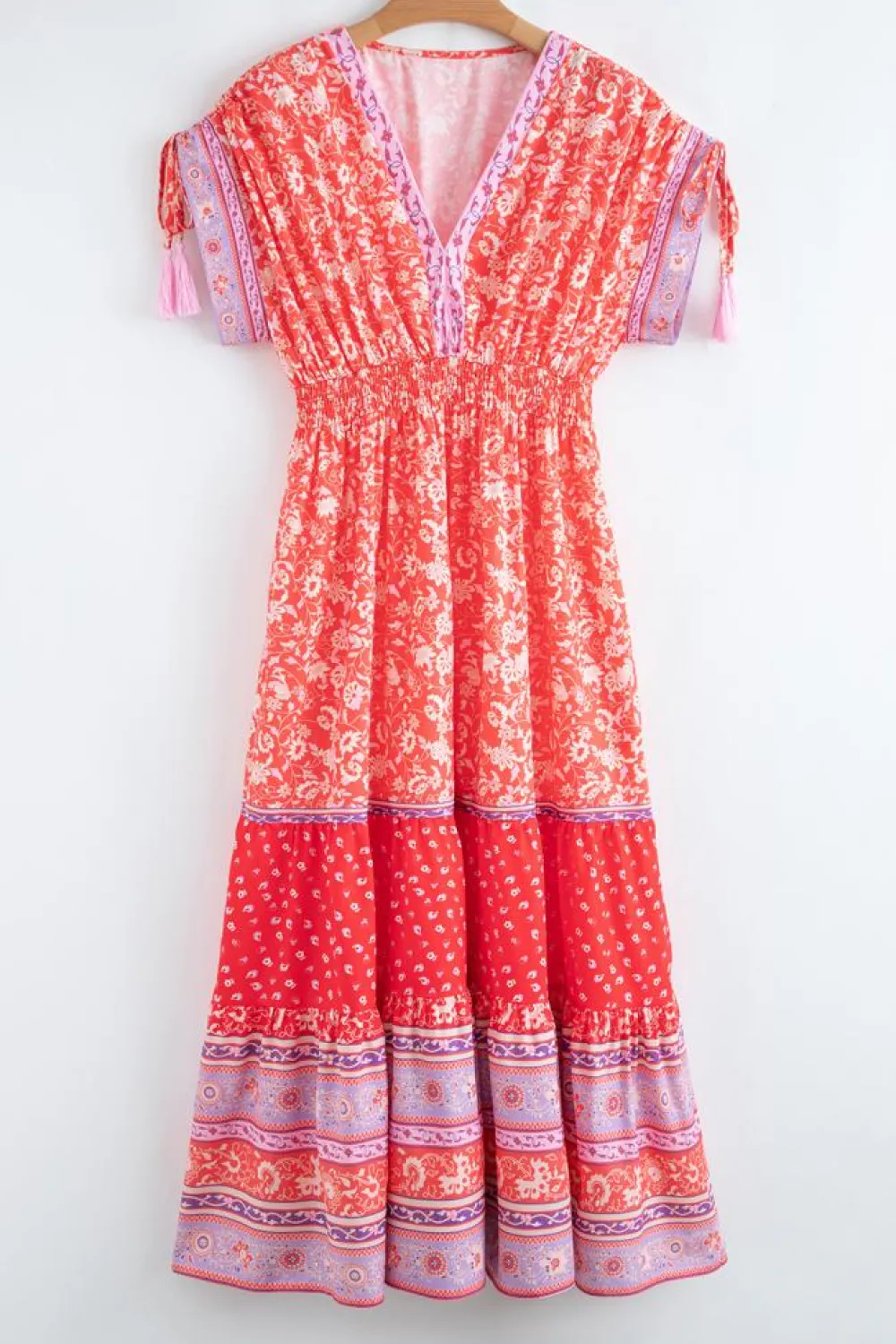 New Dear-Lover Floral Print Tasseled Tied Sleeve Empire Waist Maxi Dress Red