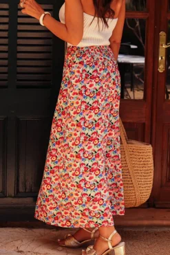 Sale Dear-Lover Floral Print Wide Waistband Side Slit Maxi Skirt Red