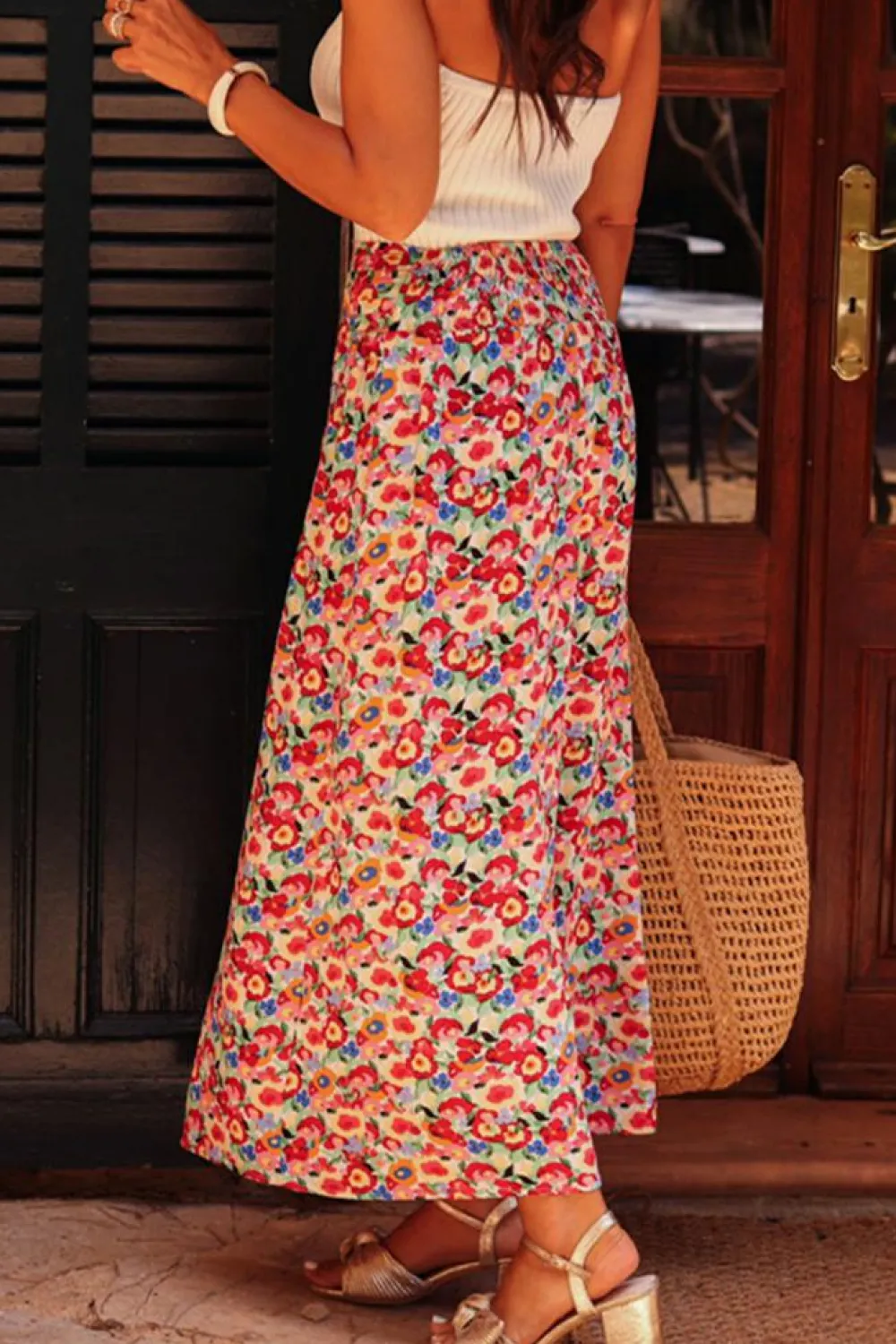 Sale Dear-Lover Floral Print Wide Waistband Side Slit Maxi Skirt Red