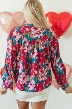Outlet Dear-Lover Floral Printed Balloon Sleeve Half Buttons Blouse Red