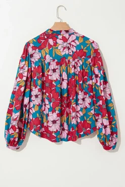 Outlet Dear-Lover Floral Printed Balloon Sleeve Half Buttons Blouse Red