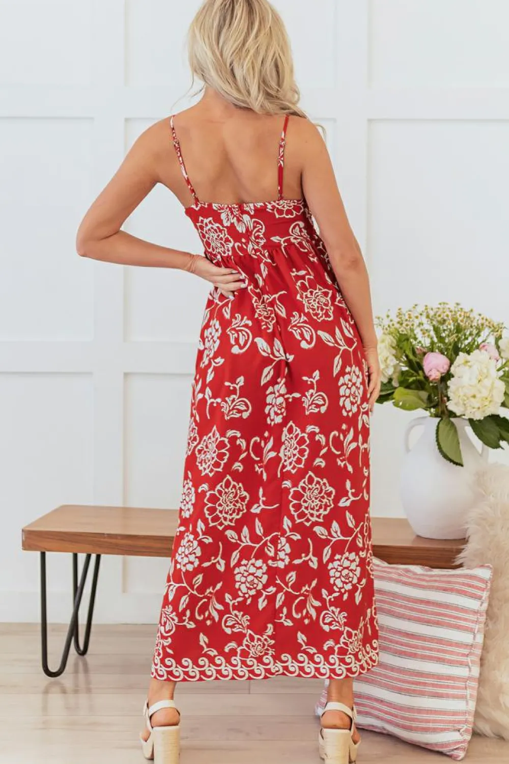 Best Dear-Lover Floral Printed Spaghetti Strap Empire Waist Maxi Dress Red