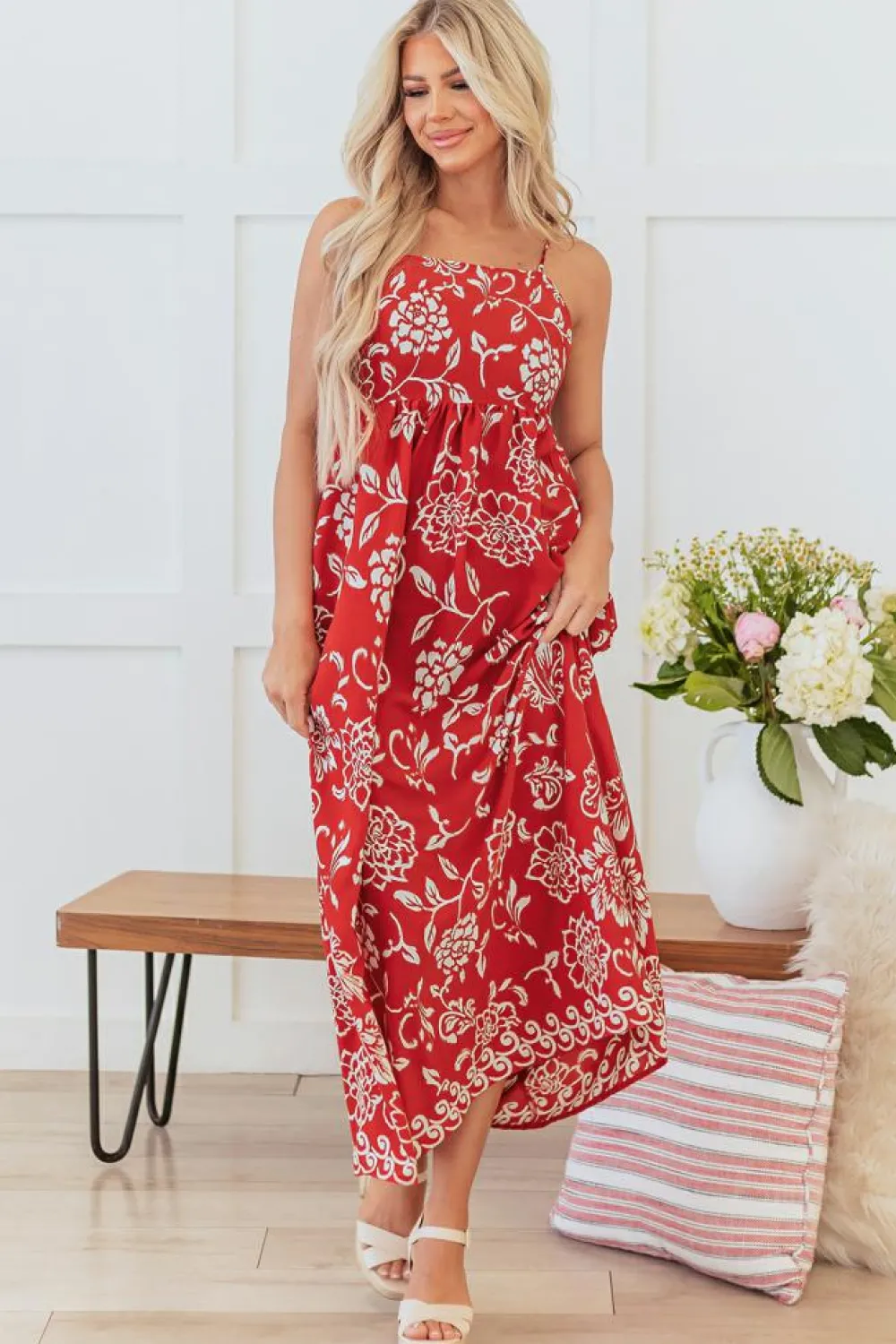 Best Dear-Lover Floral Printed Spaghetti Strap Empire Waist Maxi Dress Red