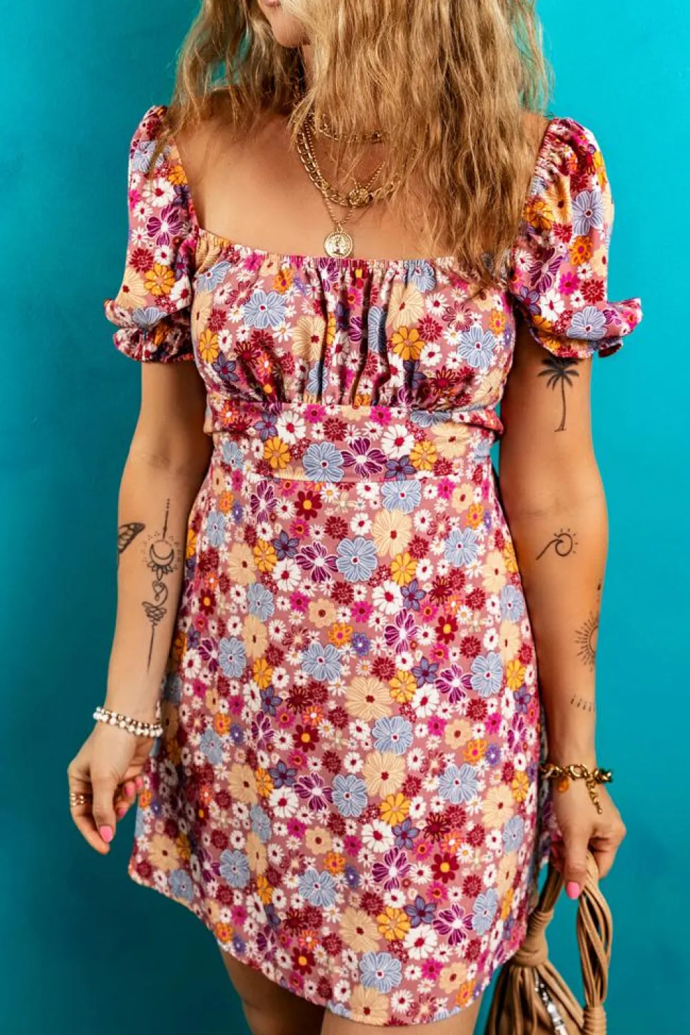 Fashion Dear-Lover Floral Puff Sleeve Square Neck Knot Open Back Mini Dress Red