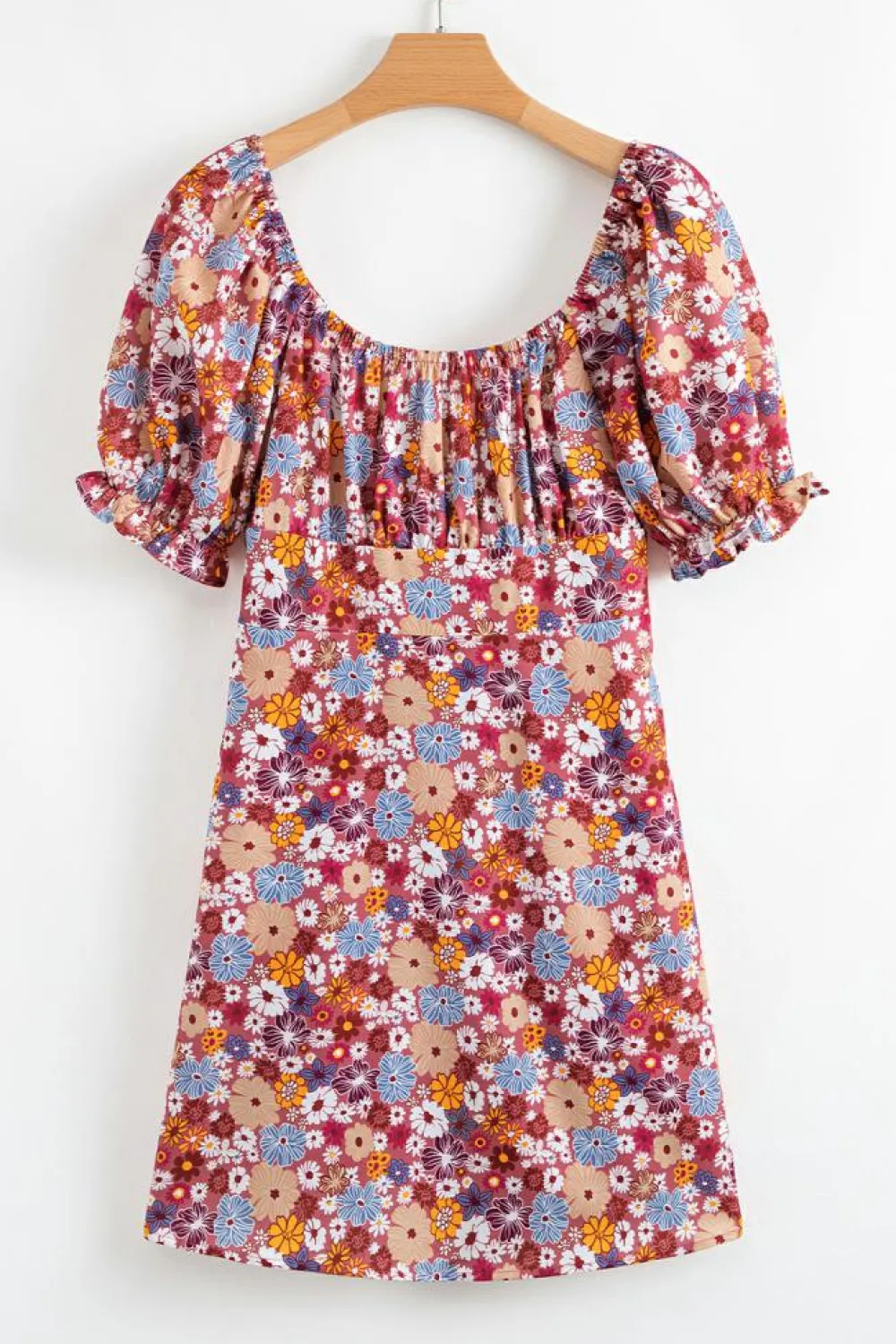 Fashion Dear-Lover Floral Puff Sleeve Square Neck Knot Open Back Mini Dress Red