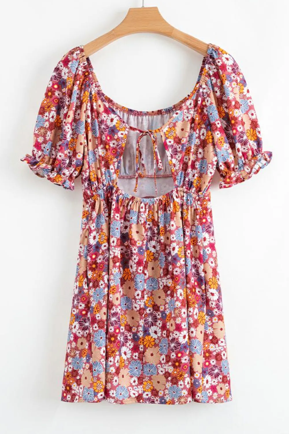 Fashion Dear-Lover Floral Puff Sleeve Square Neck Knot Open Back Mini Dress Red