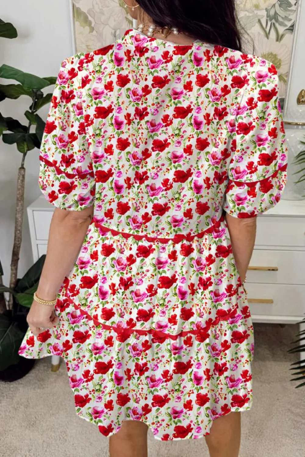 Discount Dear-Lover Floral Puff Sleeve Tie Ric Rac Pocketed Mini Dress Red