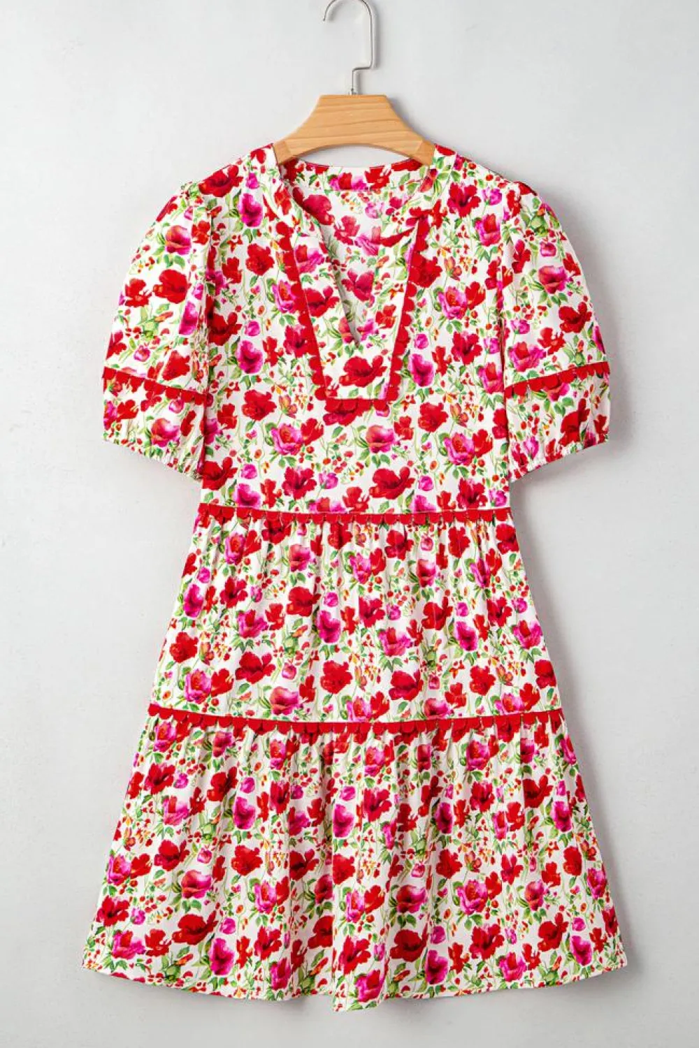 Discount Dear-Lover Floral Puff Sleeve Tie Ric Rac Pocketed Mini Dress Red