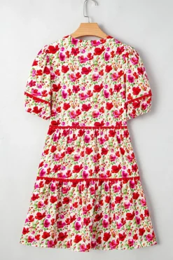 Discount Dear-Lover Floral Puff Sleeve Tie Ric Rac Pocketed Mini Dress Red