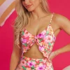 Online Dear-Lover Floral Ruffle Trim Cutout Knotted One Piece Swimsuit Red