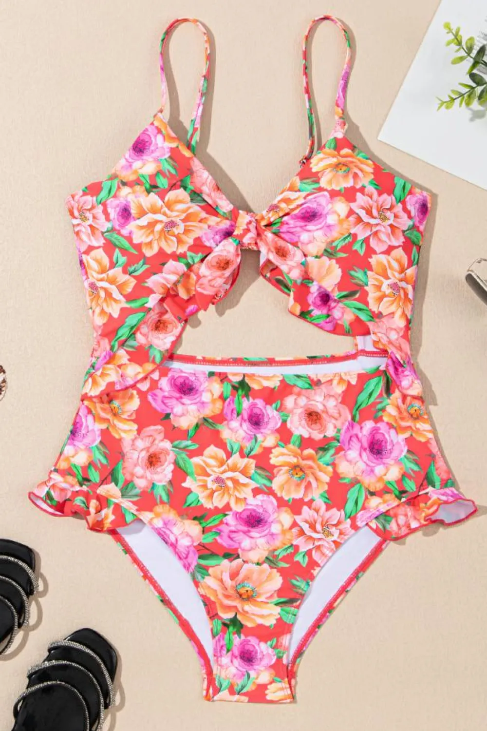 Online Dear-Lover Floral Ruffle Trim Cutout Knotted One Piece Swimsuit Red