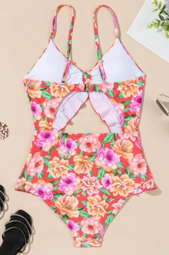 Online Dear-Lover Floral Ruffle Trim Cutout Knotted One Piece Swimsuit Red