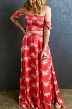 Clearance Dear-Lover Floral Shir Off Shoulder Crop Top and Slit Maxi Skirt Set Red