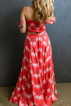 Clearance Dear-Lover Floral Shir Off Shoulder Crop Top and Slit Maxi Skirt Set Red