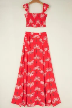 Clearance Dear-Lover Floral Shir Off Shoulder Crop Top and Slit Maxi Skirt Set Red