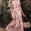 New Dear-Lover Floral Short Sleeve V Neck High Waist Maxi Dress Red