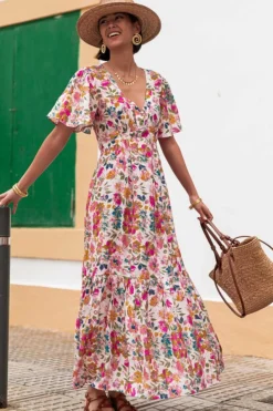 New Dear-Lover Floral Short Sleeve V Neck High Waist Maxi Dress Red