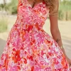 Online Dear-Lover Floral Spaghetti Strap Surplice Neck Shir Waist Mini Dress Red