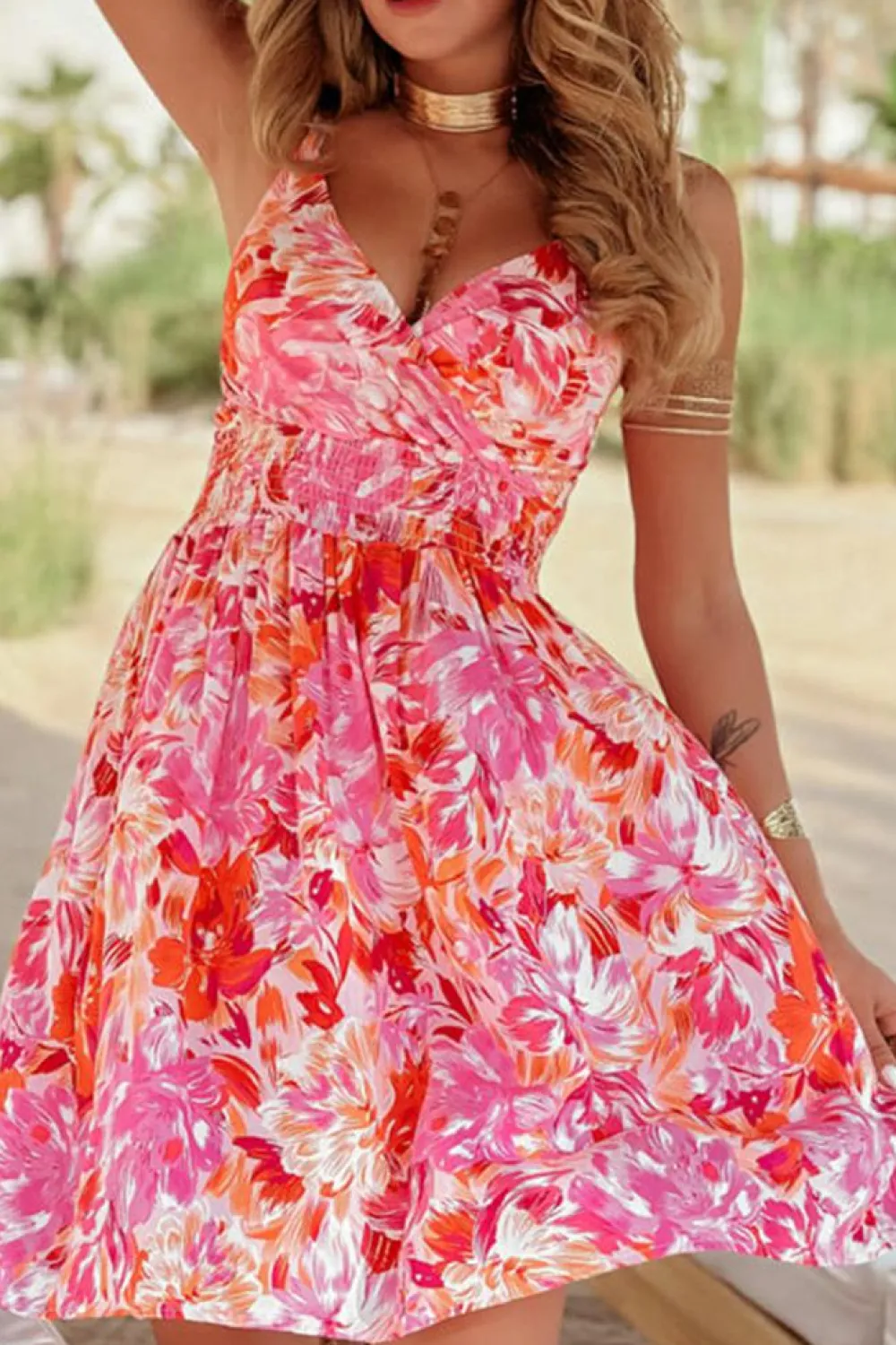 Online Dear-Lover Floral Spaghetti Strap Surplice Neck Shir Waist Mini Dress Red